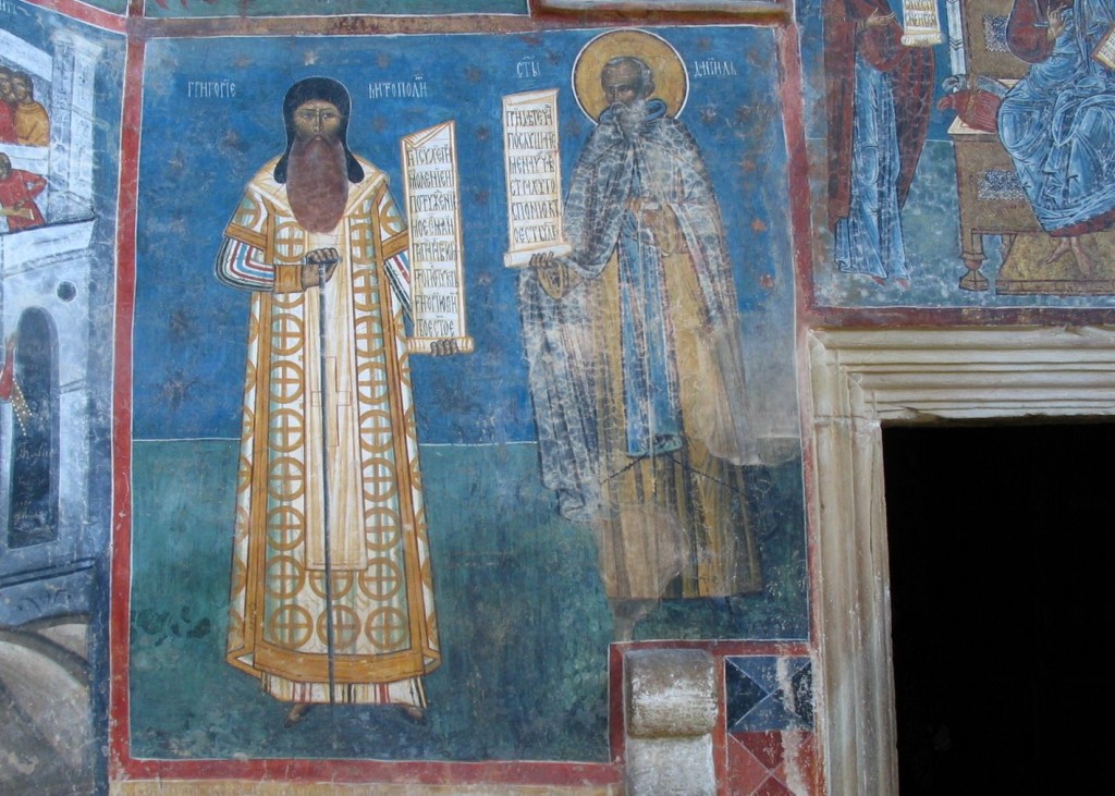 Sf. Daniil Sihastrul şi Mitropolitul Grigorie Roşca (frescă de la Mănăstirea Voroneţ)